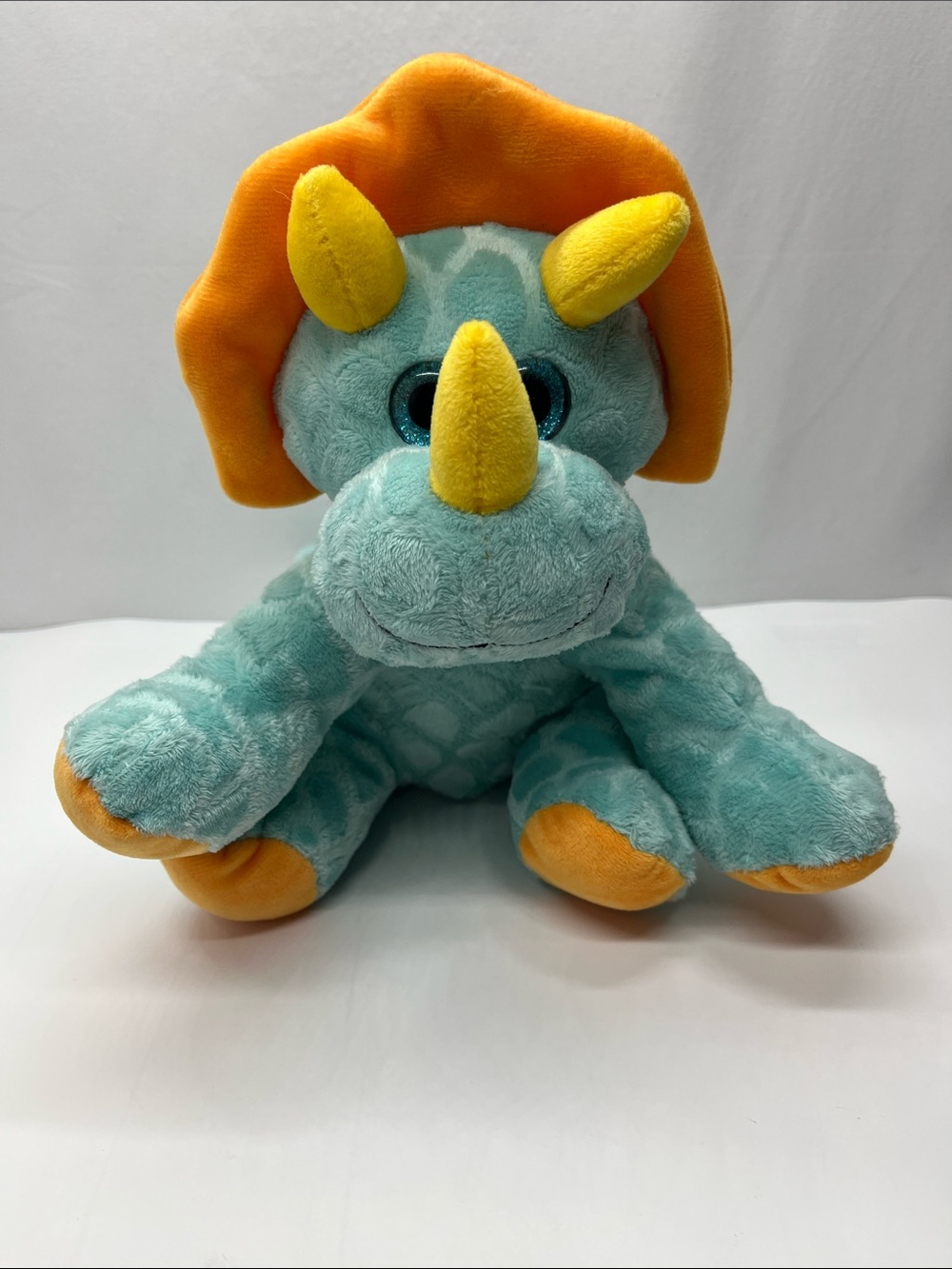 Plush Triceratops Stuffed Animal - Teal with Orange Accents